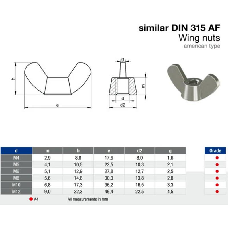 Vingmutter M4 Rostfri